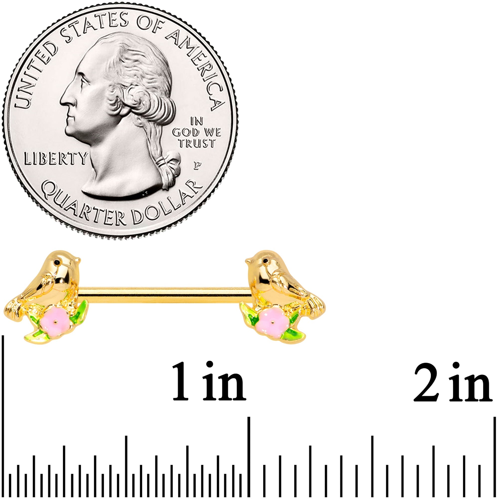BodyCandy 14G 9/16 Gold Tone Bird Pink Flower Barbell Nipple Ring Set — detail close-up