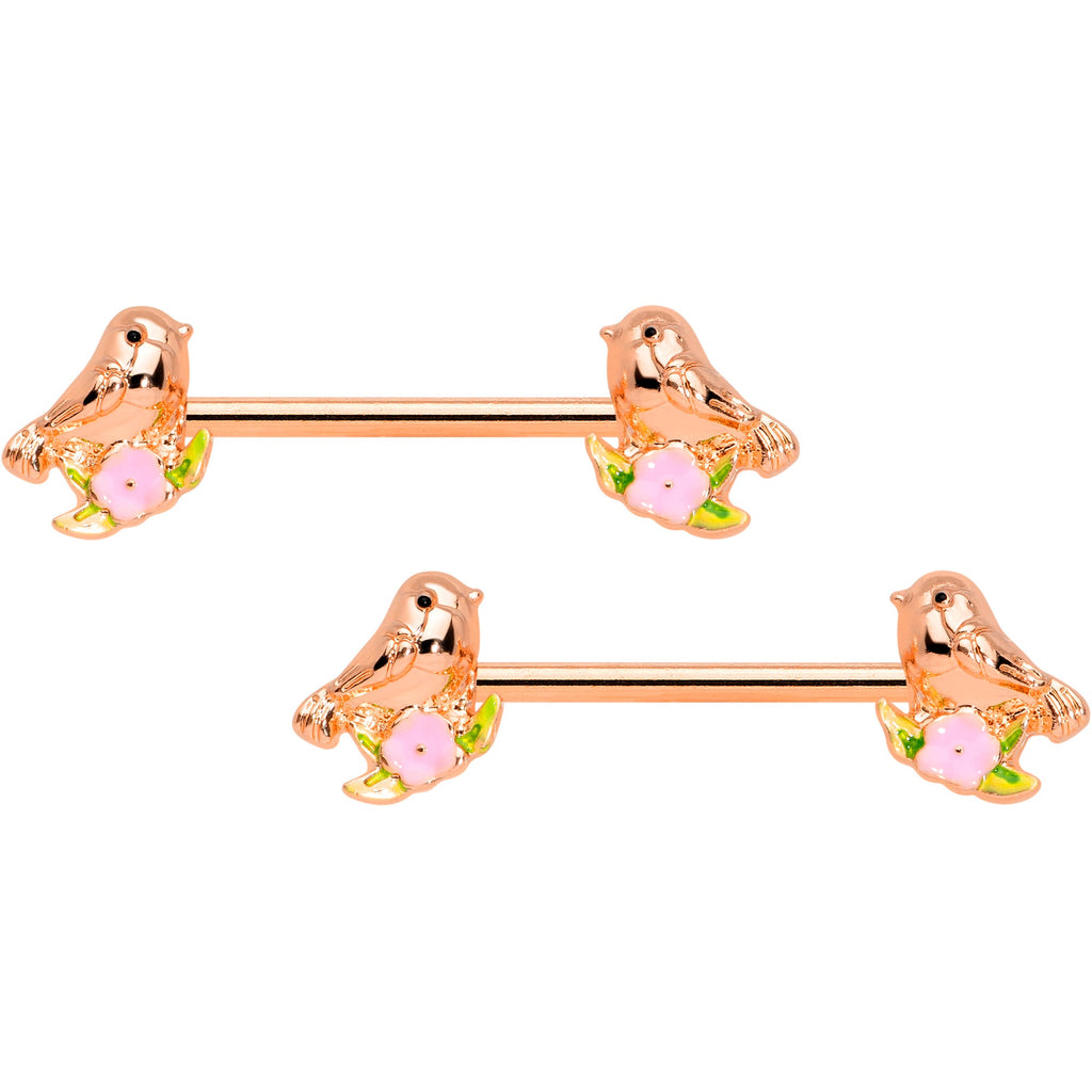 BodyCandy 14G 9/16 Rose Gold Tone Bird Pink Flower Barbell Nipple Ring Set — main product shot