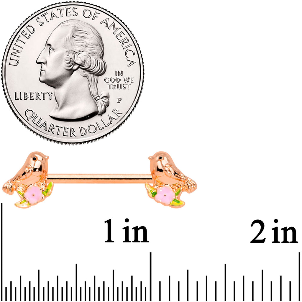 BodyCandy 14G 9/16 Rose Gold Tone Bird Pink Flower Barbell Nipple Ring Set — lifestyle context