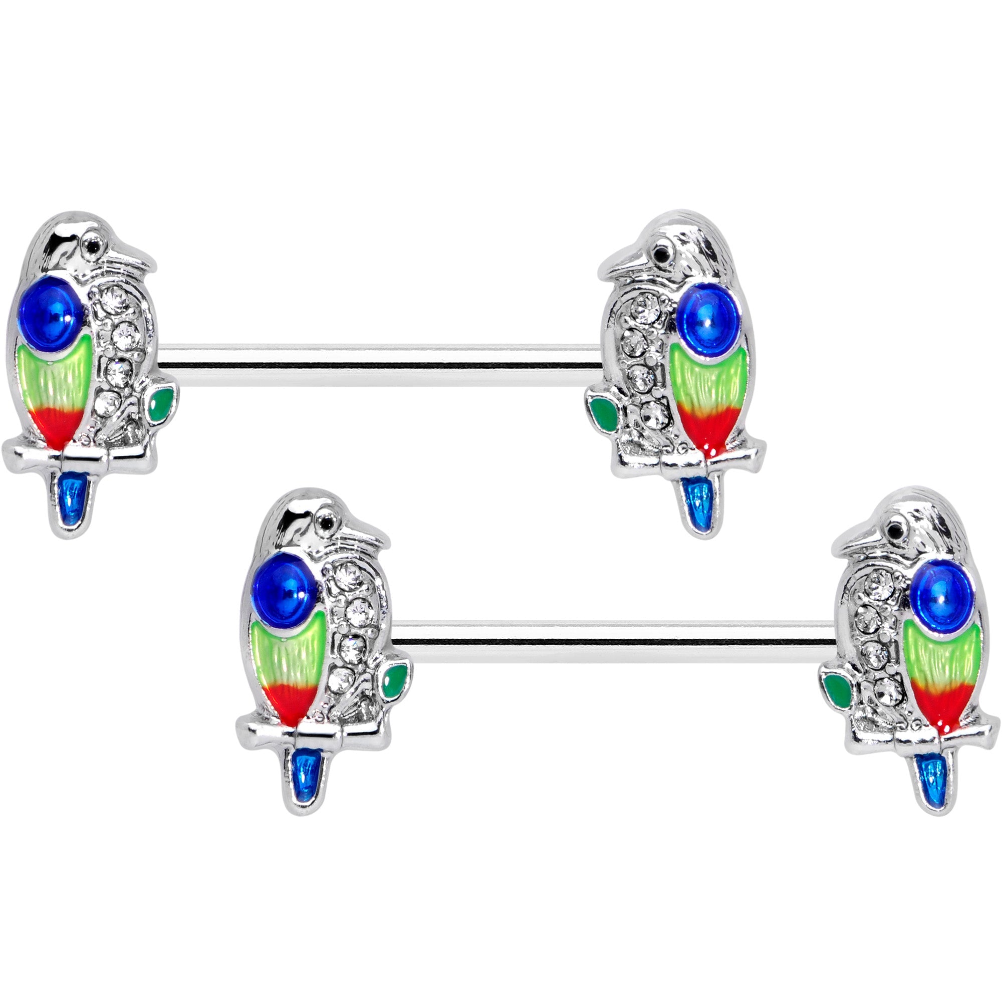 BodyCandy 14G 9/16 Clear Gem Tropical Parrot Bird Barbell Nipple Ring Set — main product shot
