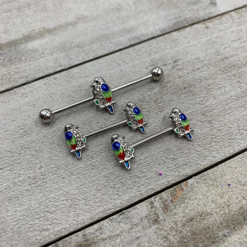 BodyCandy 14G Clear Gem Tropical Parrot Bird Industrial Barbell 38mm — detail close-up
