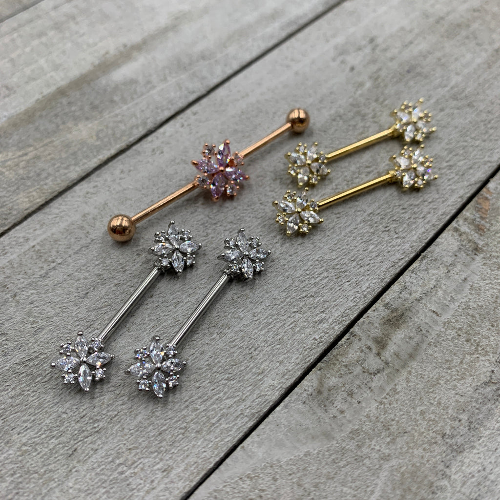 BodyCandy 14G Clear CZ Gem Rose Gold Tone Star Burst Industrial Barbell 38mm — lifestyle context