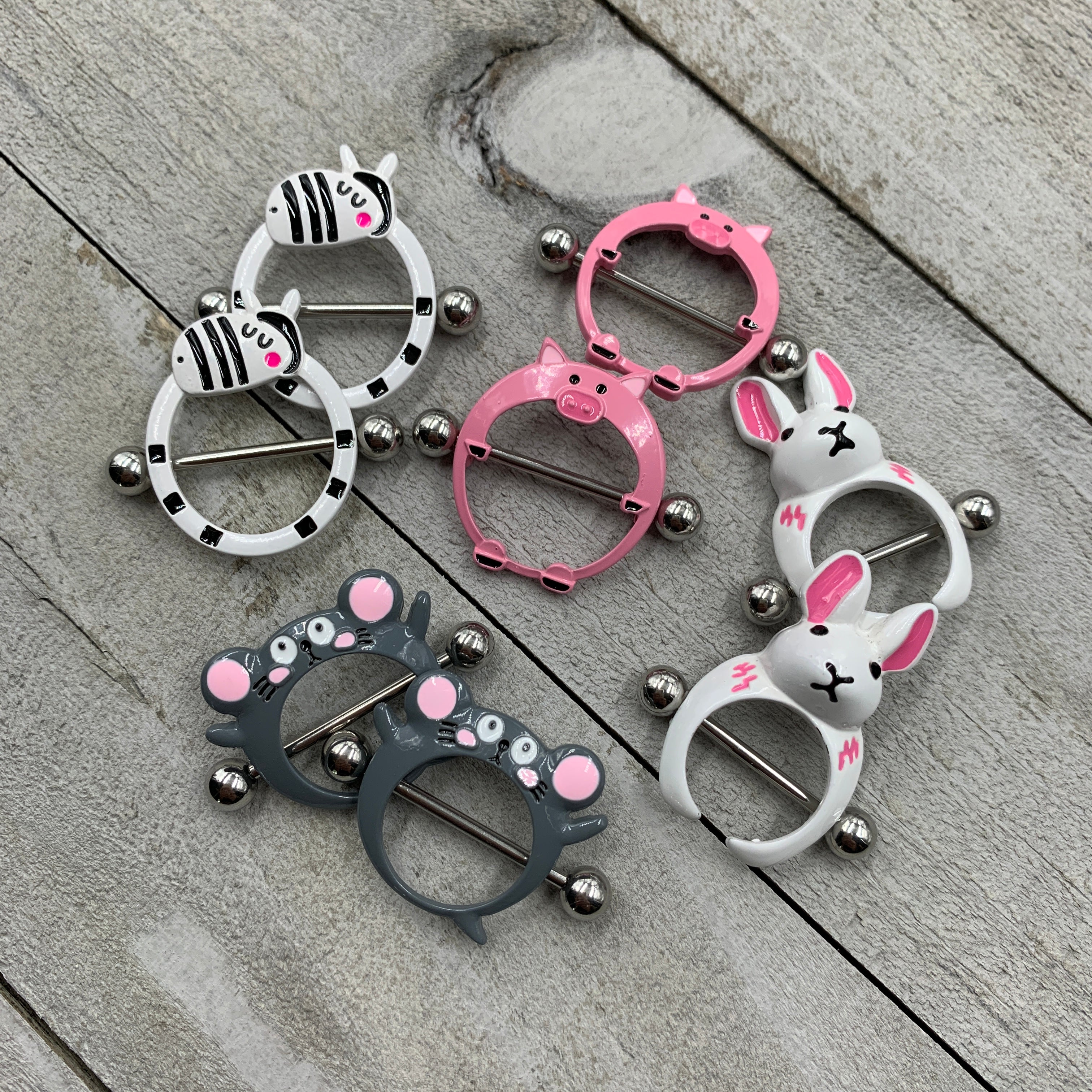 BodyCandy 14G 9/16 White Rabbit Easter Nipple Shield Set — detail close-up