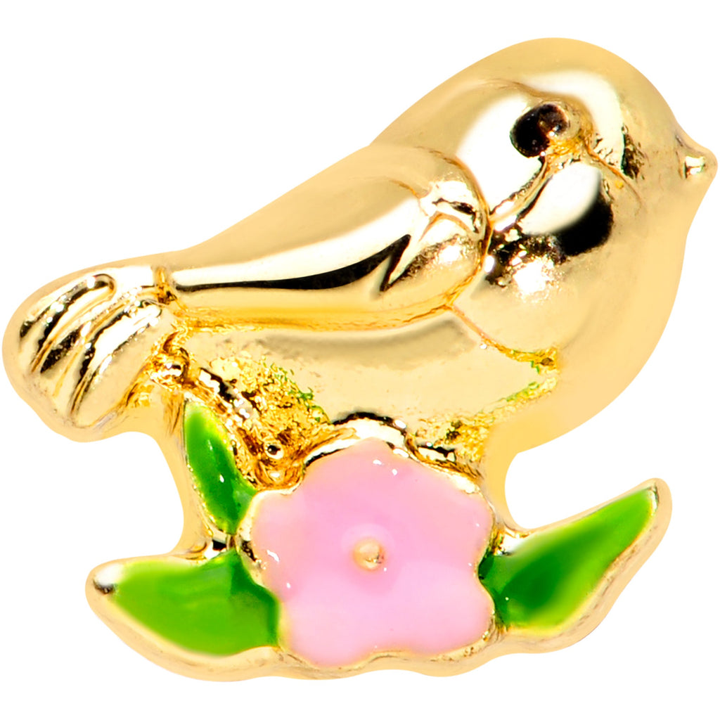 BodyCandy 16G 1/4 Gold Tone Bird Pink Flower Cartilage Tragus — detail close-up