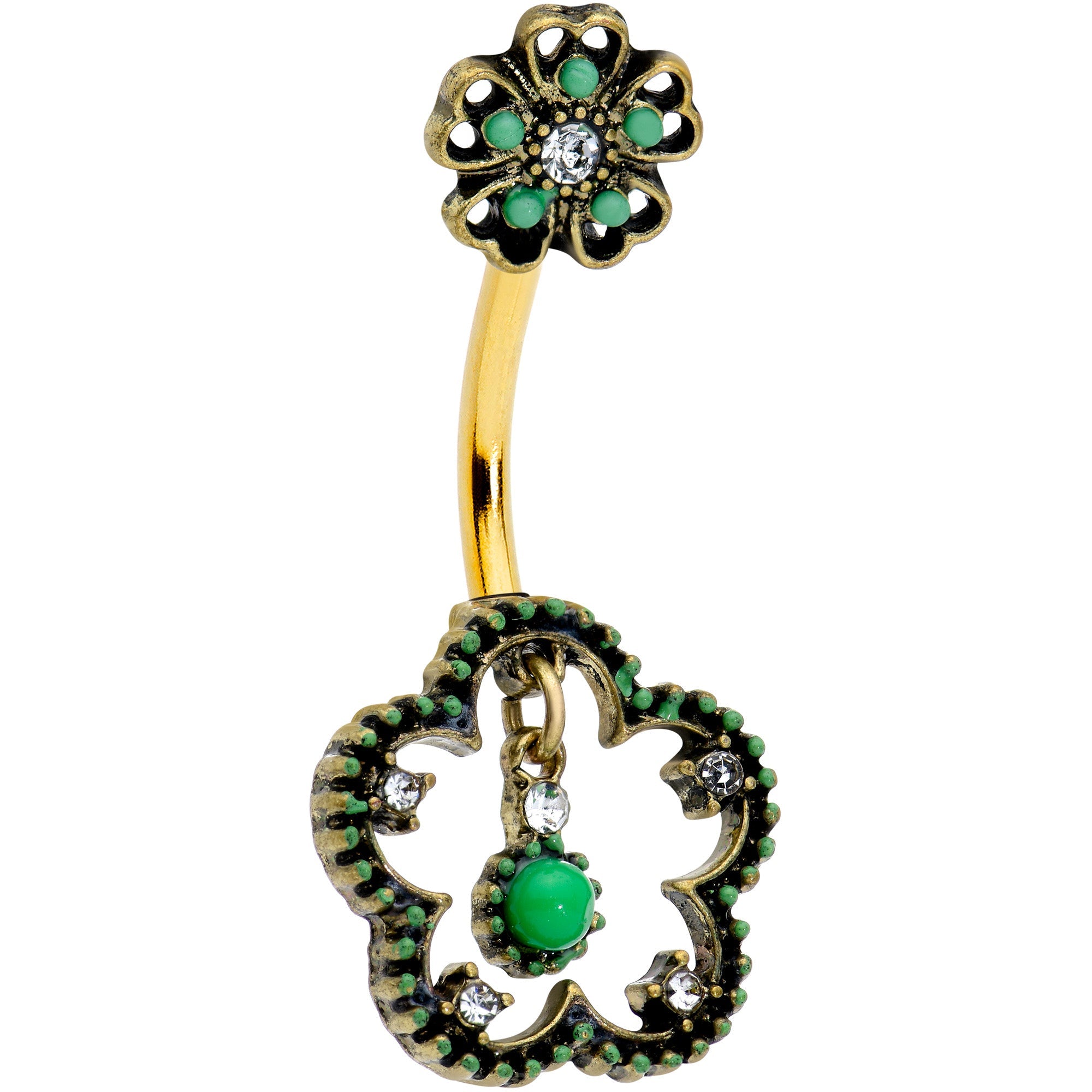 BodyCandy Clear Gem Gold Tone Open Green Flower St Patricks Day Belly Ring — main product shot
