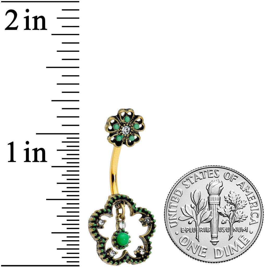 BodyCandy Clear Gem Gold Tone Open Green Flower St Patricks Day Belly Ring — detail close-up