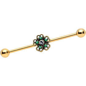14G Gold Tone Green Flower St Patricks Industrial Barbell 38mm