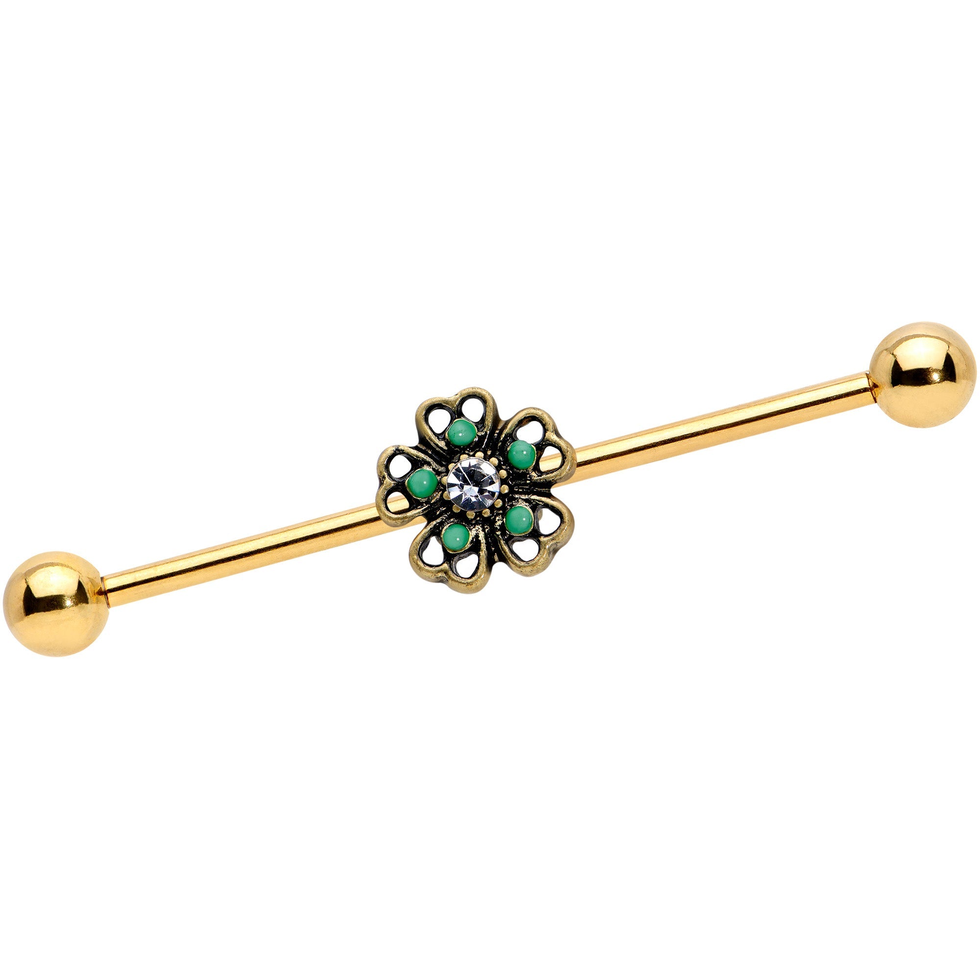 BodyCandy 14G Gold Tone Green Flower St Patricks Industrial Barbell 38mm — main product shot