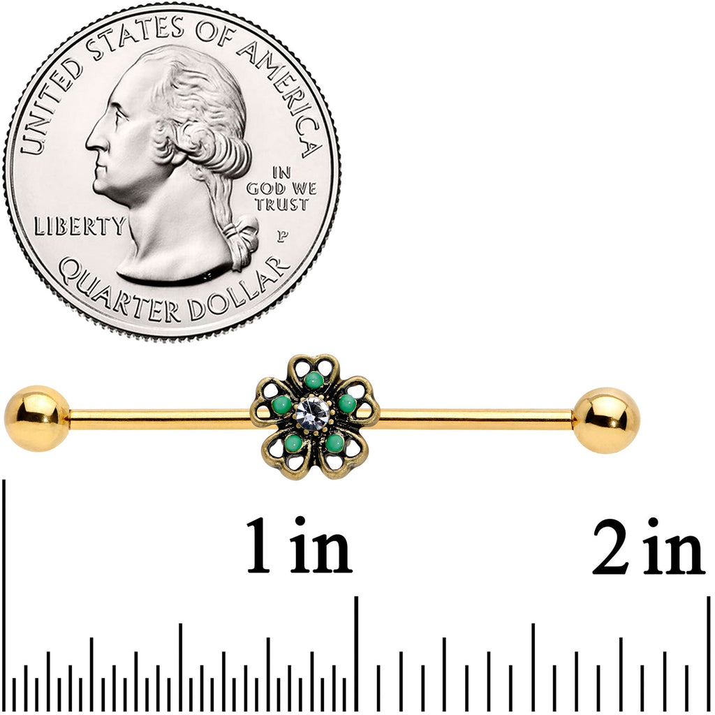 BodyCandy 14G Gold Tone Green Flower St Patricks Industrial Barbell 38mm — detail close-up
