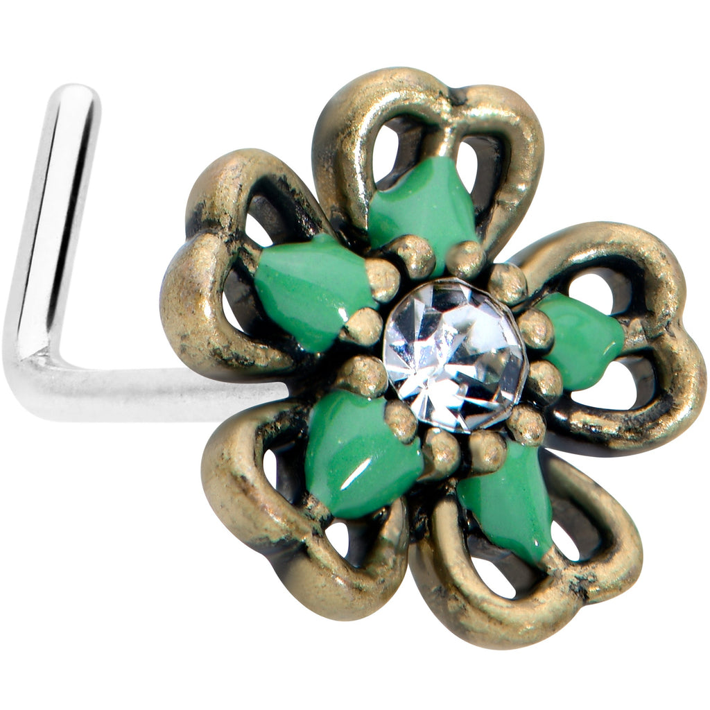 BodyCandy 20G 7.5mm Gold Tone Green Flower St Patrick Day L Shape Nose Ring — main product shot