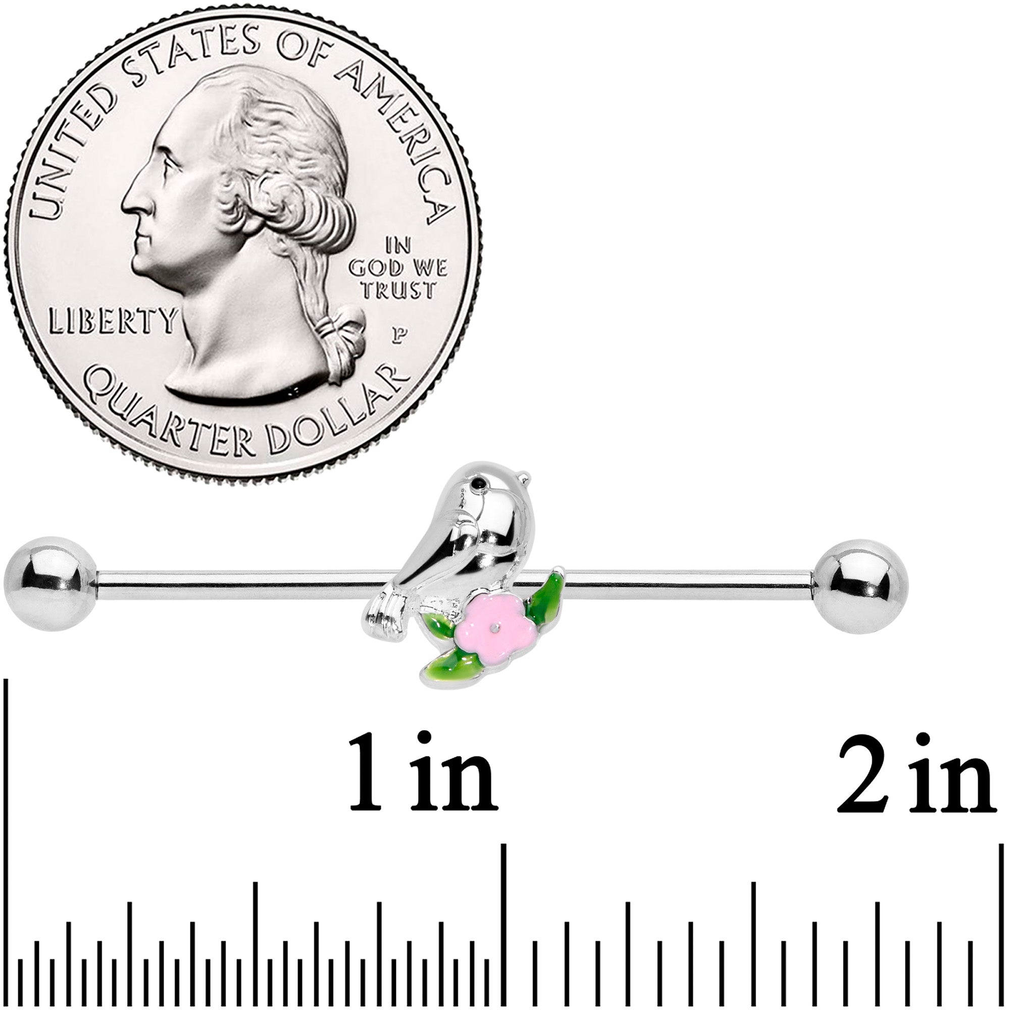 BodyCandy 14G Bird Pink Flower Industrial Barbell 38mm — side view