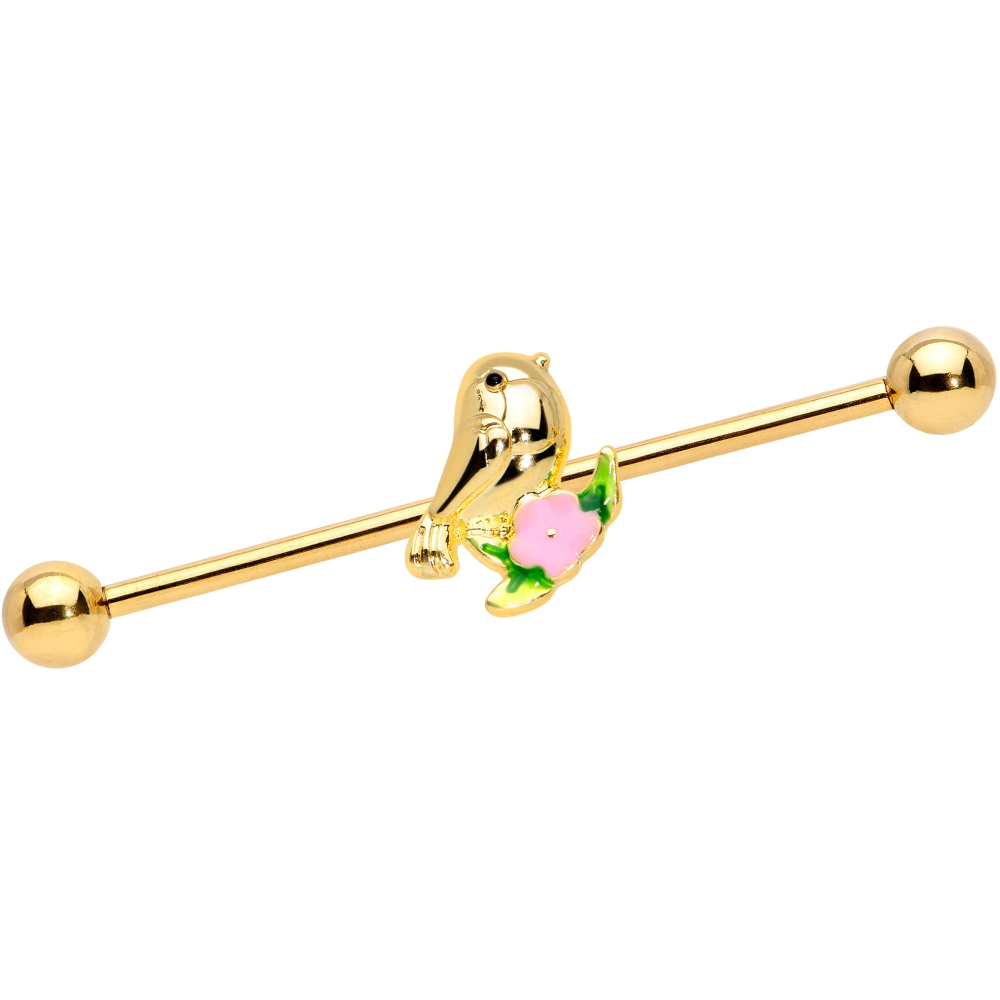 BodyCandy 14G Gold Tone Bird Pink Flower Industrial Barbell 38mm — main product shot