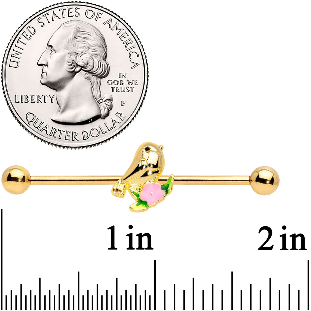 BodyCandy 14G Gold Tone Bird Pink Flower Industrial Barbell 38mm — detail close-up