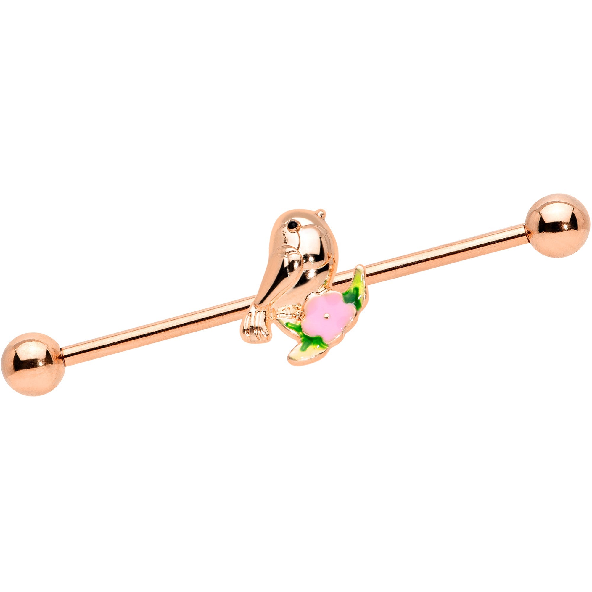 BodyCandy 14G Rose Gold Tone Bird Pink Flower Industrial Barbell 38mm — main product shot