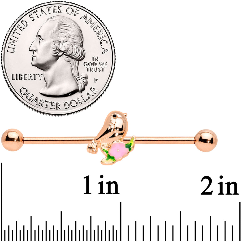 BodyCandy 14G Rose Gold Tone Bird Pink Flower Industrial Barbell 38mm — detail close-up