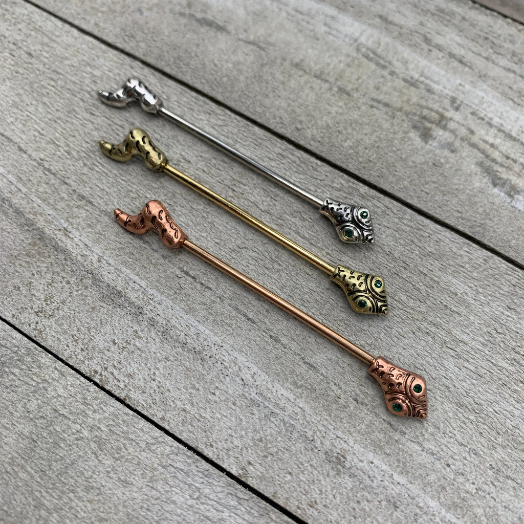 BodyCandy 14G Green Gem Rose Gold Tone Tribal Serpent Industrial Barbell 38mm — detail close-up