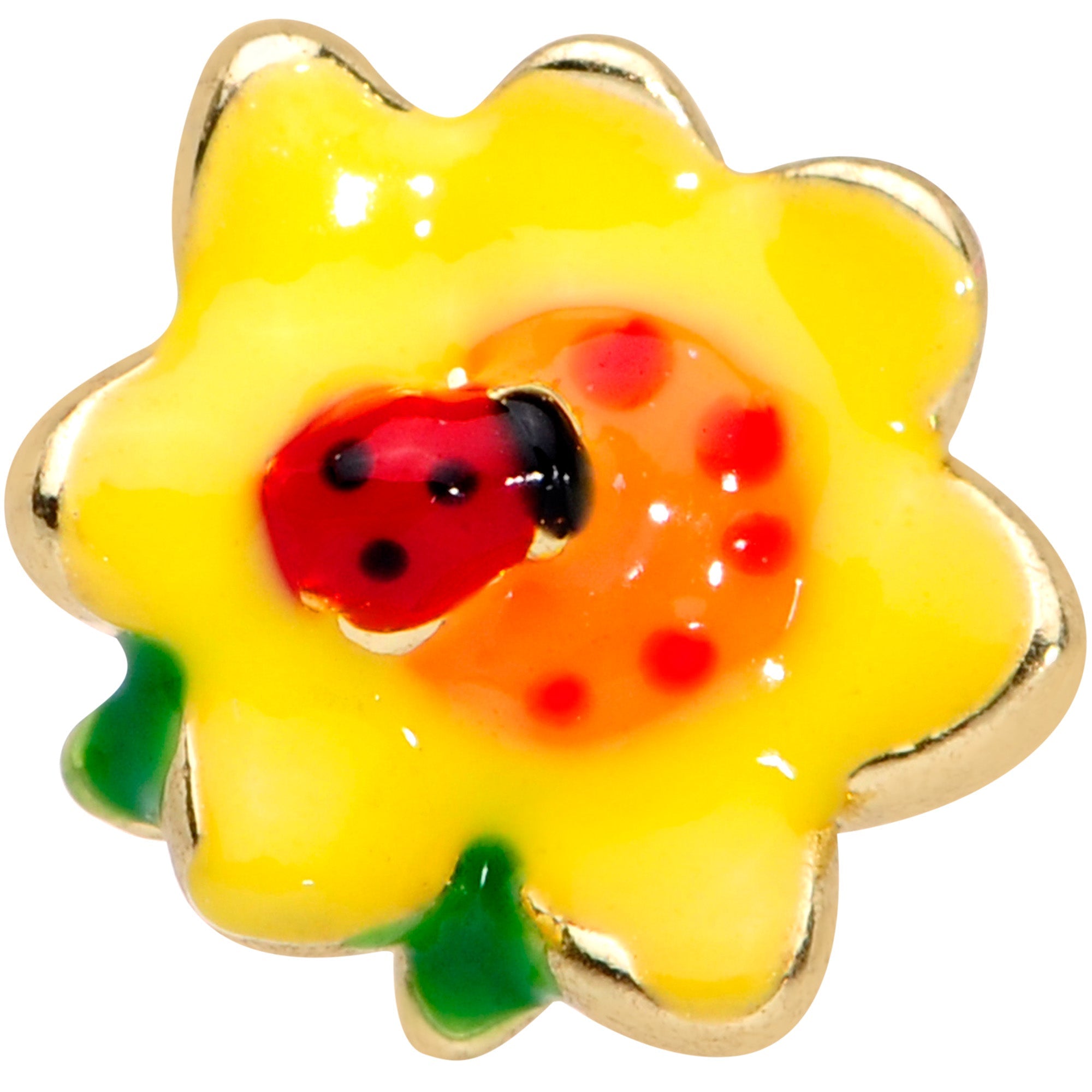 BodyCandy 16G 1/4 Gold Tone Sunny Flower Ladybug Cartilage Tragus — detail close-up