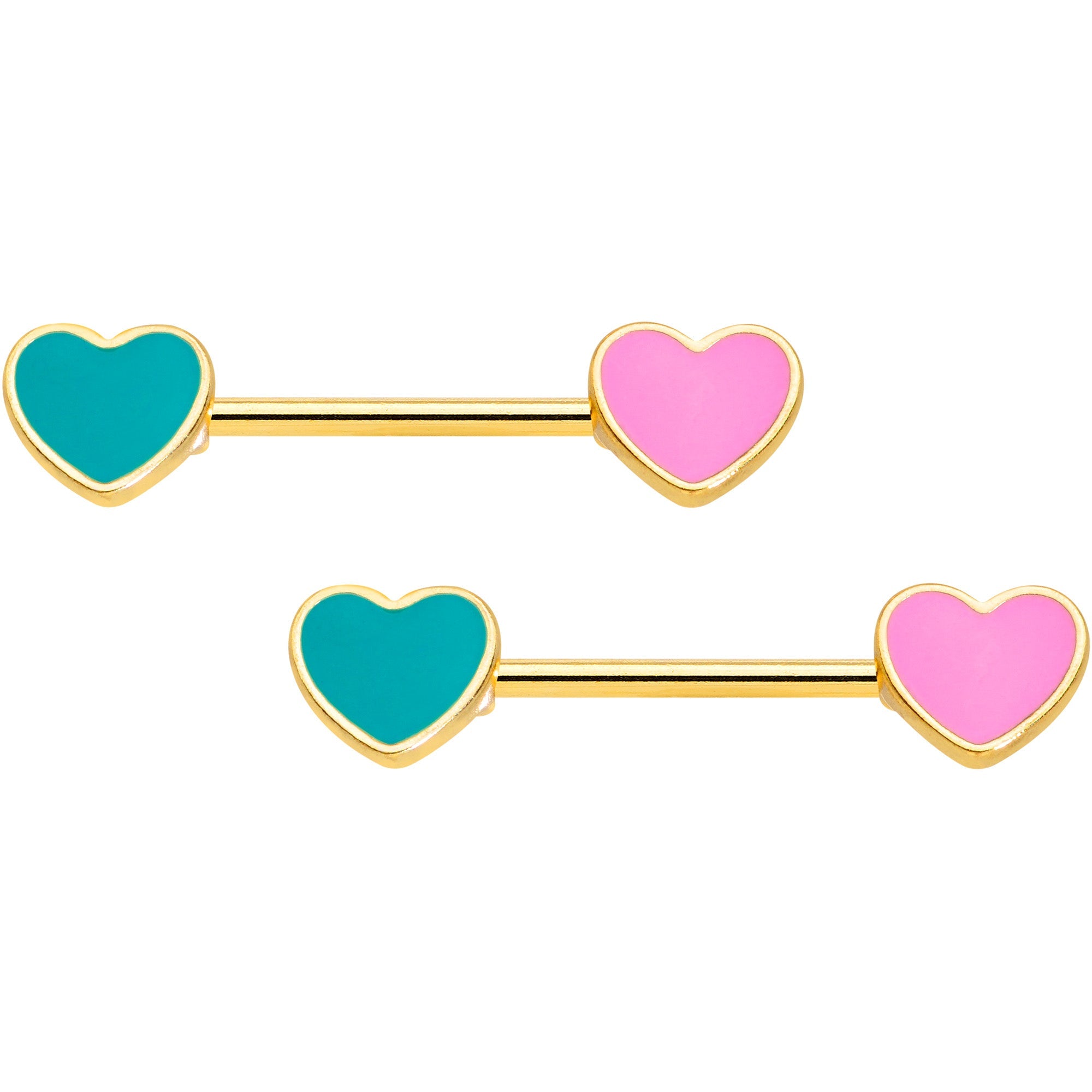 BodyCandy 14G 9/16 Gold Tone Pink Teal Heart Valentines Day Nipple Ring Set — main product shot