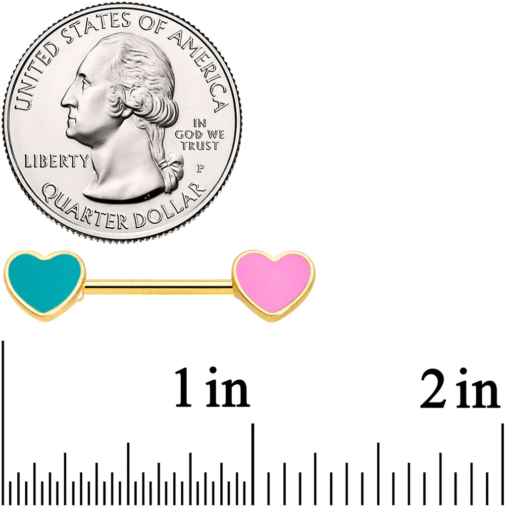 BodyCandy 14G 9/16 Gold Tone Pink Teal Heart Valentines Day Nipple Ring Set — detail close-up