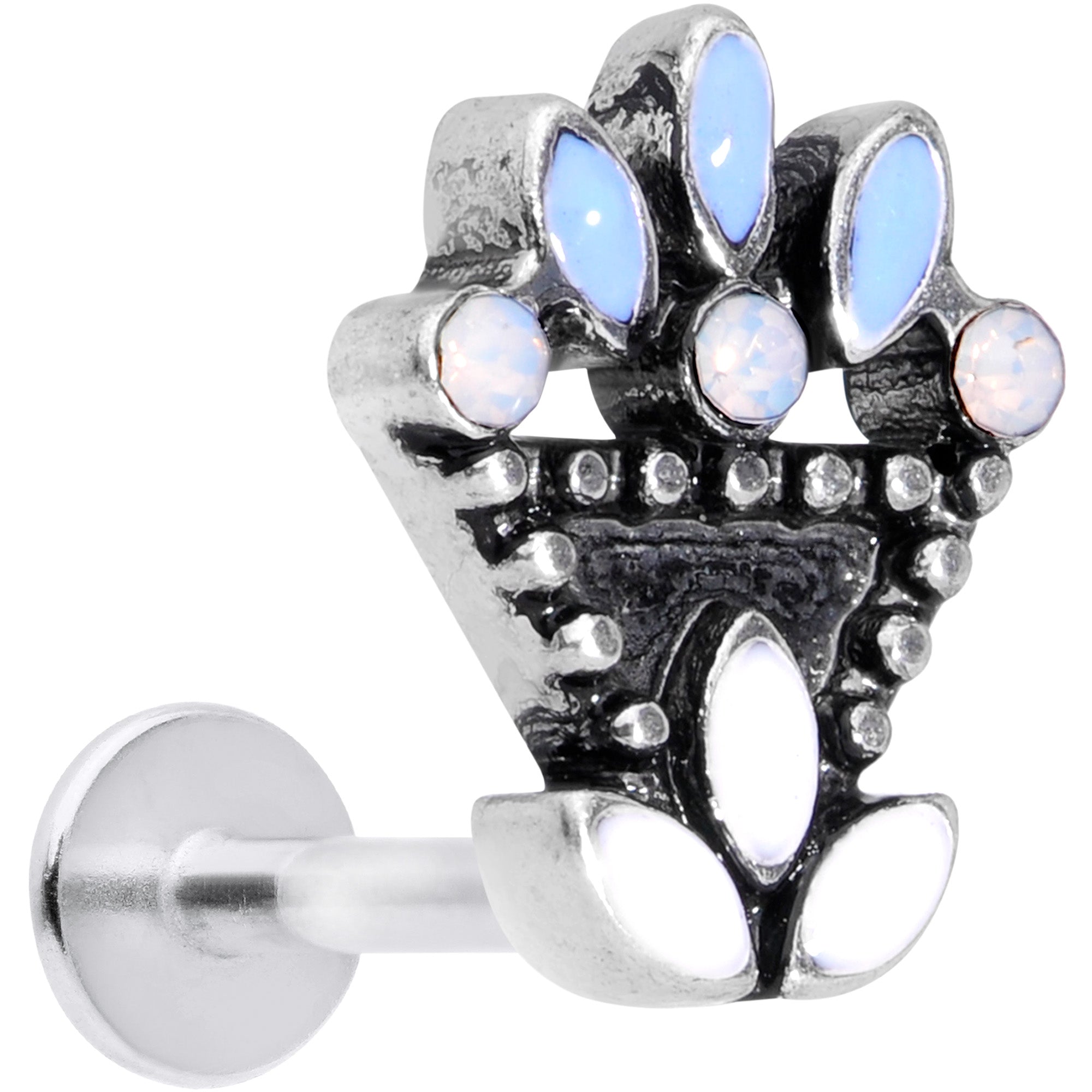 BodyCandy 16G 1/4 White Blue Faux Opal Ornate Labret Monroe Tragus — main product shot