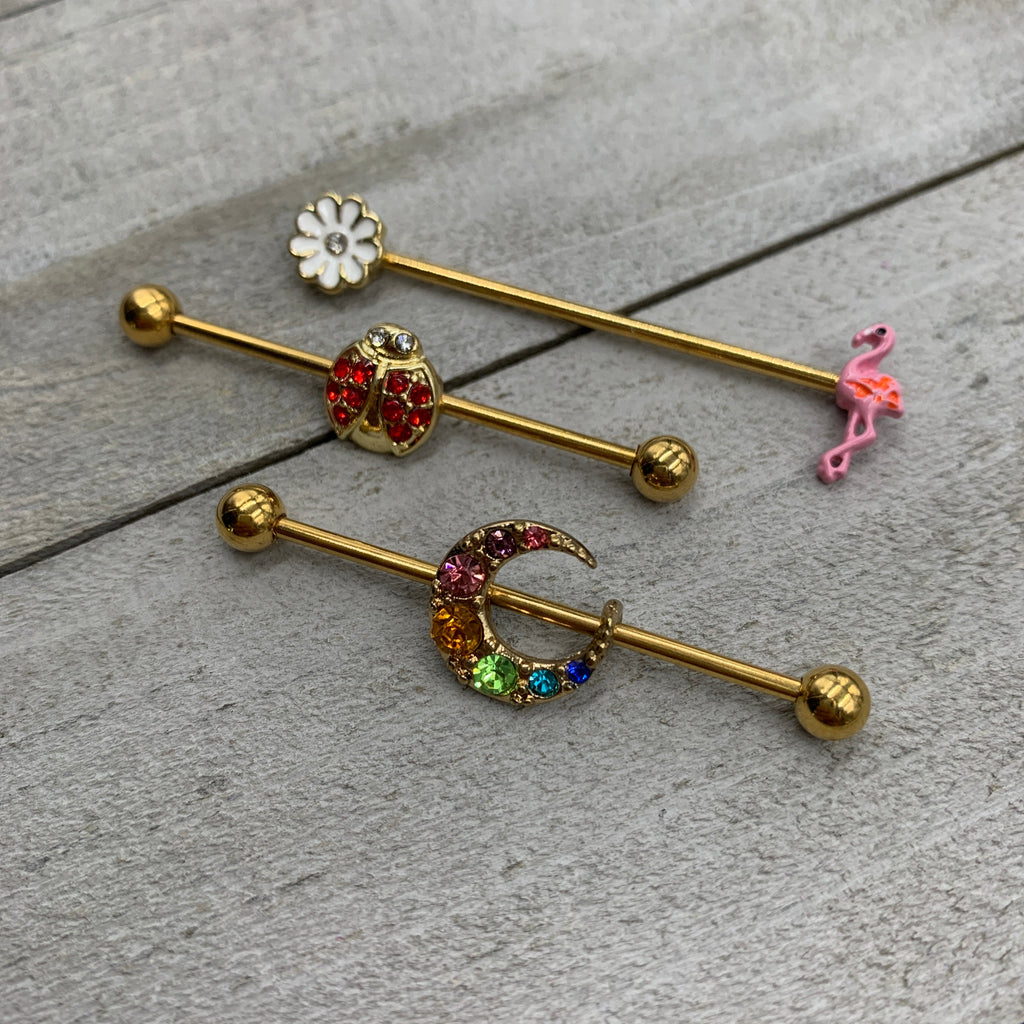 BodyCandy 14G Red Gem Gold Tone Ladybug Industrial Barbell 38mm — detail close-up