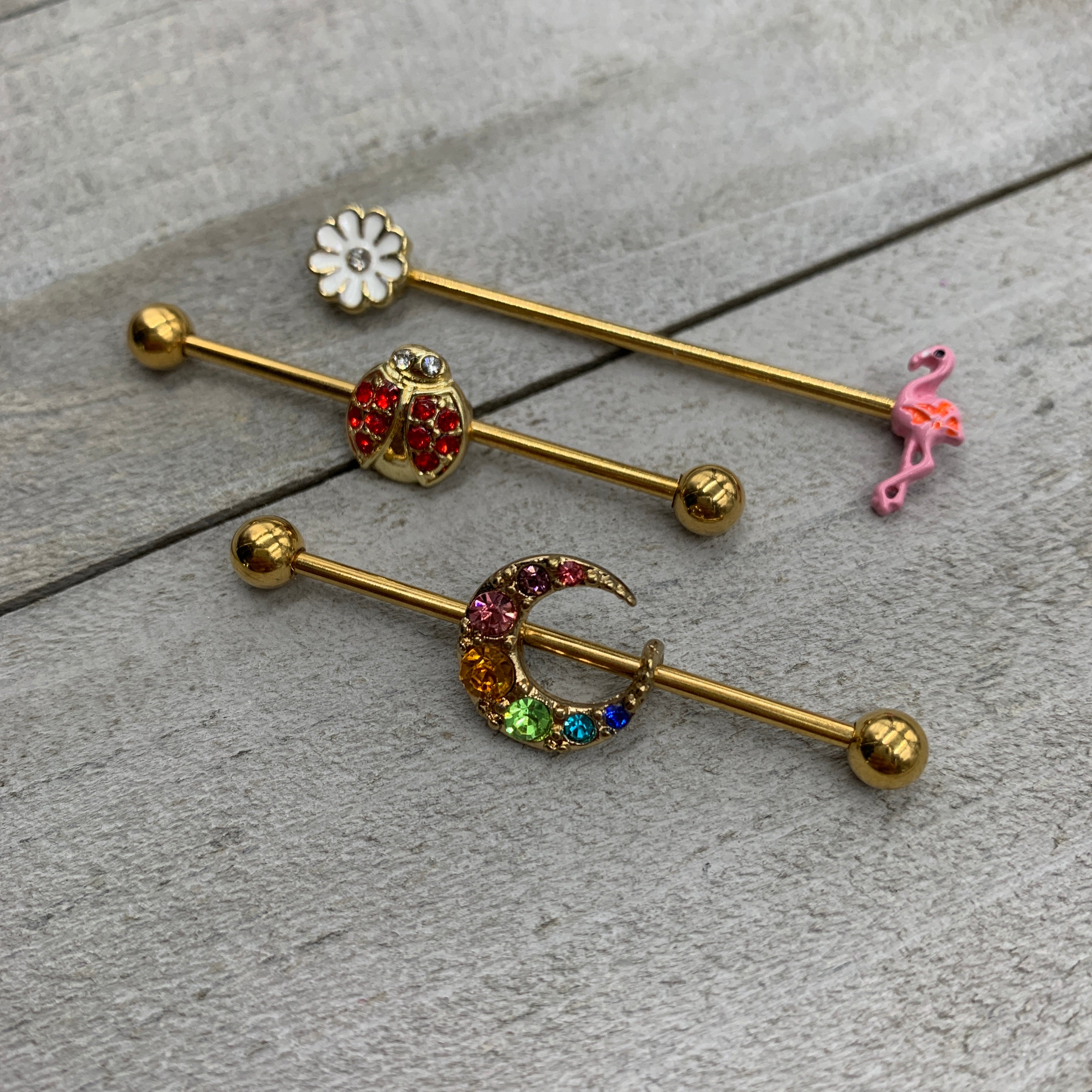 BodyCandy 14G Red Gem Gold Tone Ladybug Industrial Barbell 38mm — detail close-up