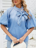 Bow Accent Puff Sleeve Denim Top