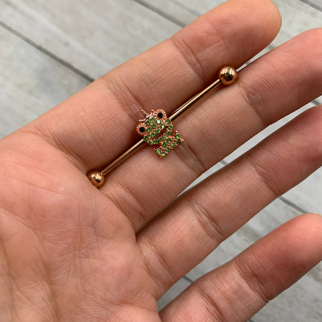 BodyCandy 14G Green Gem Rose Gold Tone Royal Frog Industrial Barbell 38mm — detail close-up