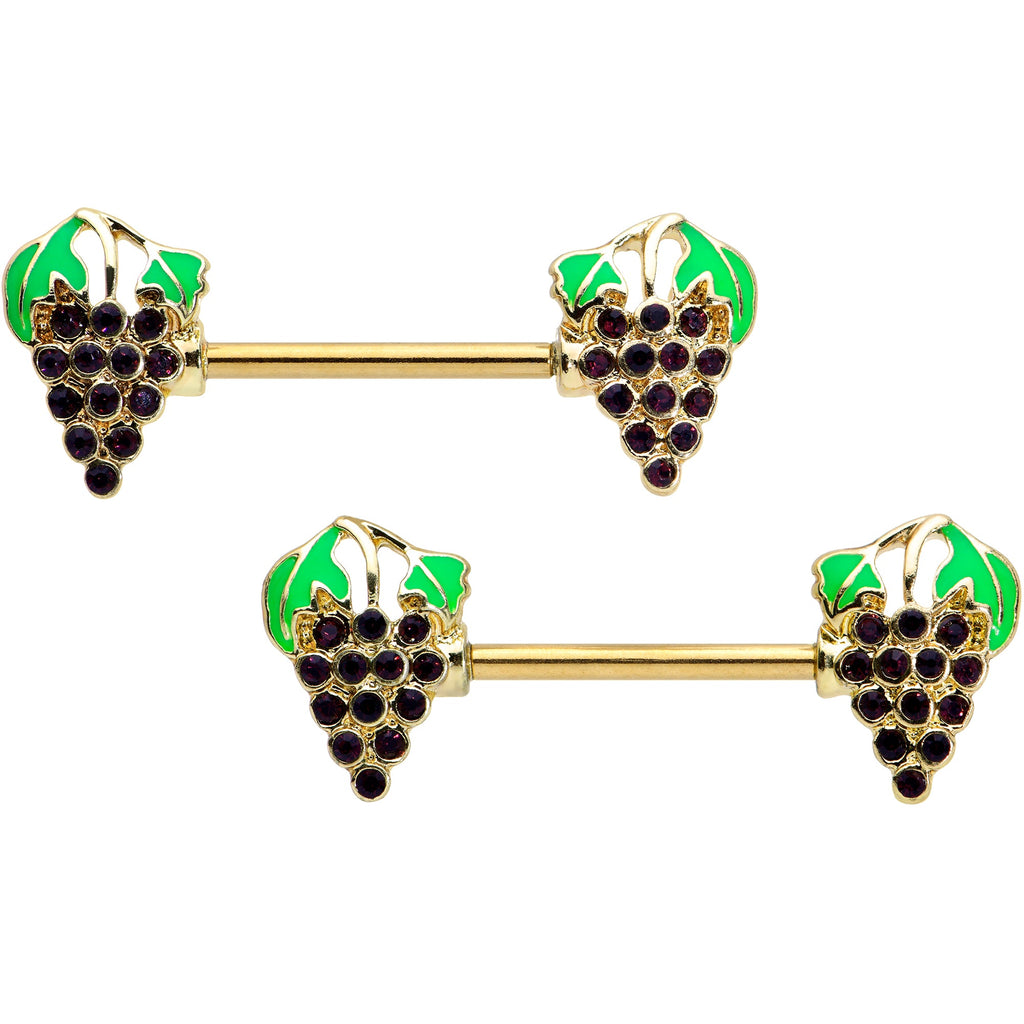 BodyCandy 14G 9/16 Gold Tone Delicious Grapes Fruit Barbell Nipple Ring Set — main product shot