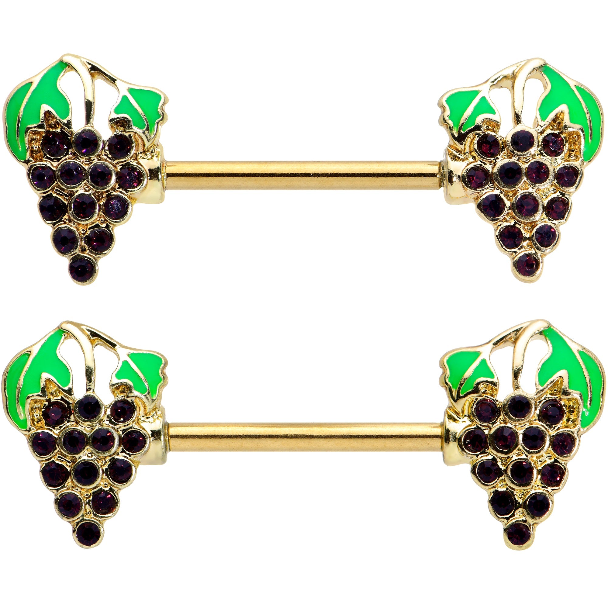 BodyCandy 14G 9/16 Gold Tone Delicious Grapes Fruit Barbell Nipple Ring Set — detail close-up