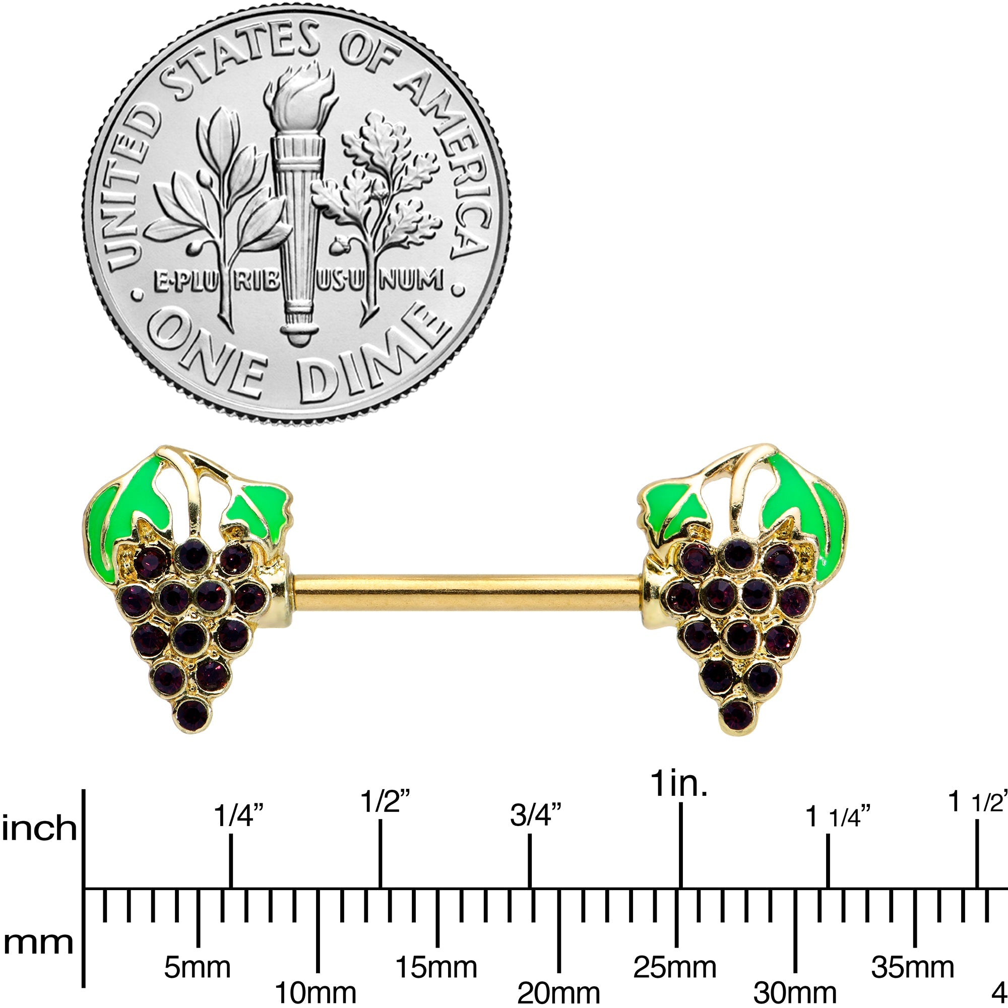 BodyCandy 14G 9/16 Gold Tone Delicious Grapes Fruit Barbell Nipple Ring Set — lifestyle context