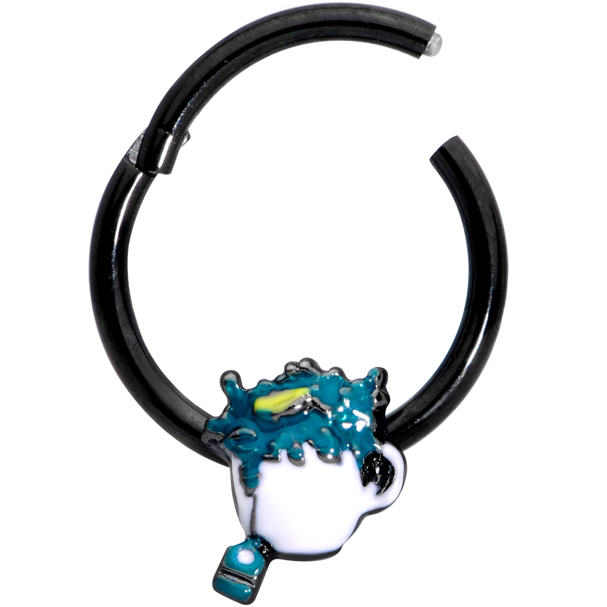 BodyCandy 16G 3/8 Black Creepy Tea Halloween Hinged Segment Ring — detail close-up