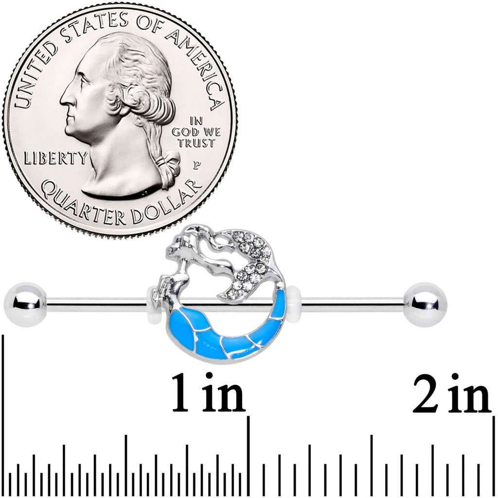 BodyCandy 14G Clear Gem Blue Curved Mermaid Industrial Barbell 38mm — detail close-up