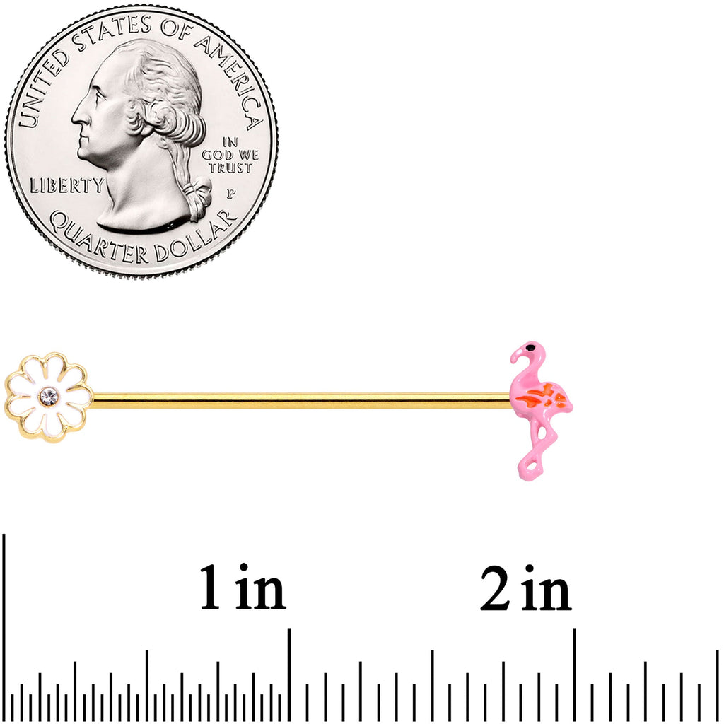 BodyCandy 14G Clear Gem Gold Hue Flower Flamingo Industrial Barbell 38mm — lifestyle context
