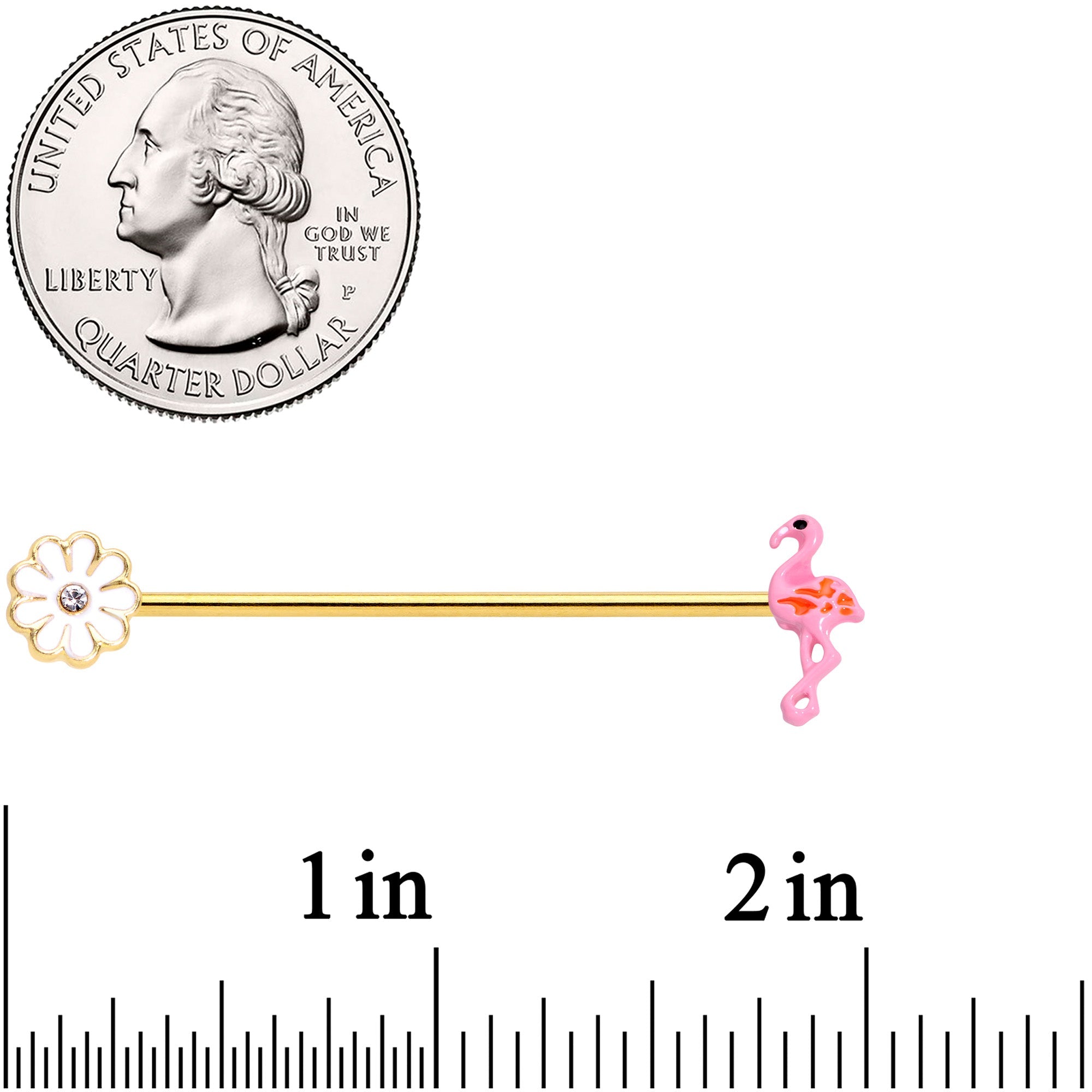BodyCandy 14G Clear Gem Gold Hue Flower Flamingo Industrial Barbell 38mm — lifestyle context
