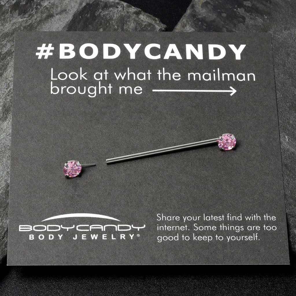 BodyCandy 14G Pink CZ Gem Threadless Industrial Barbell 38mm — detail close-up