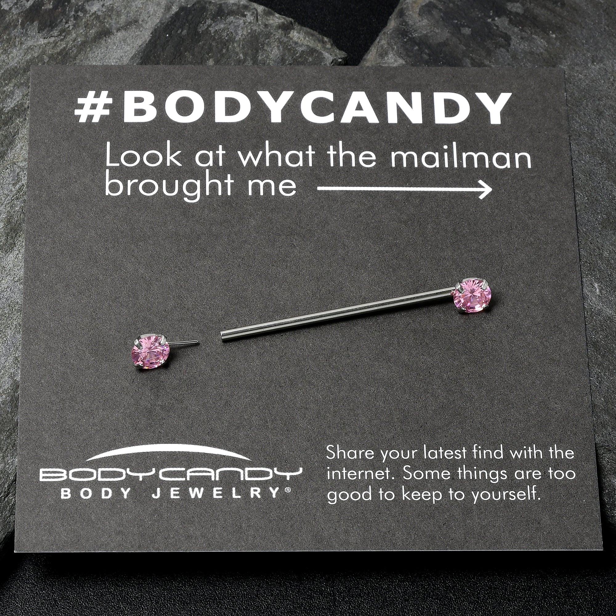 BodyCandy 14G Pink CZ Gem Threadless Industrial Barbell 38mm — detail close-up