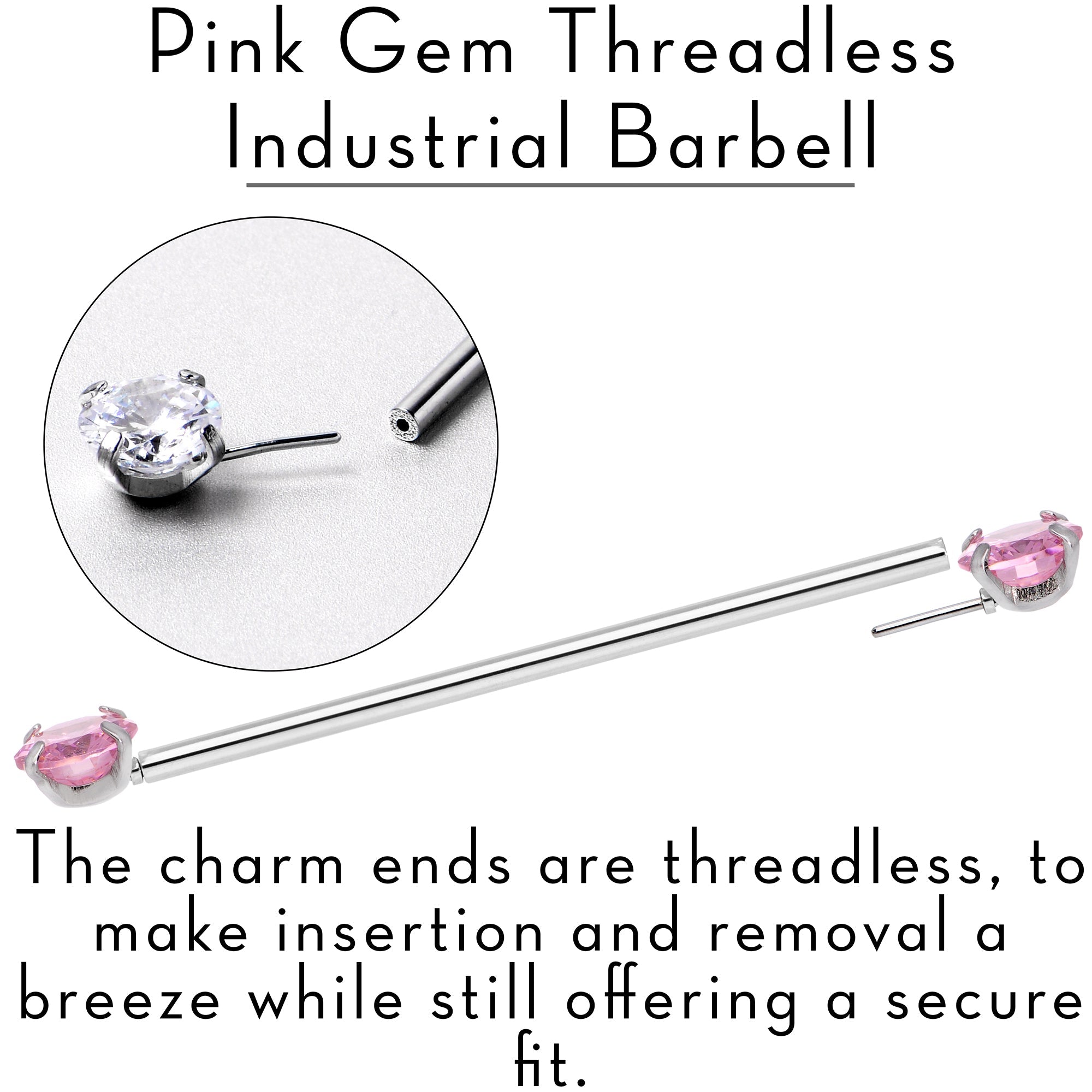 BodyCandy 14G Pink CZ Gem Threadless Industrial Barbell 38mm — side view