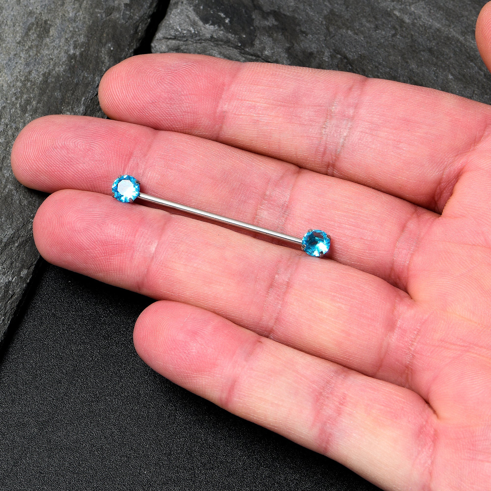BodyCandy 14G Aqua CZ Gem Threadless Industrial Barbell 38mm — back view