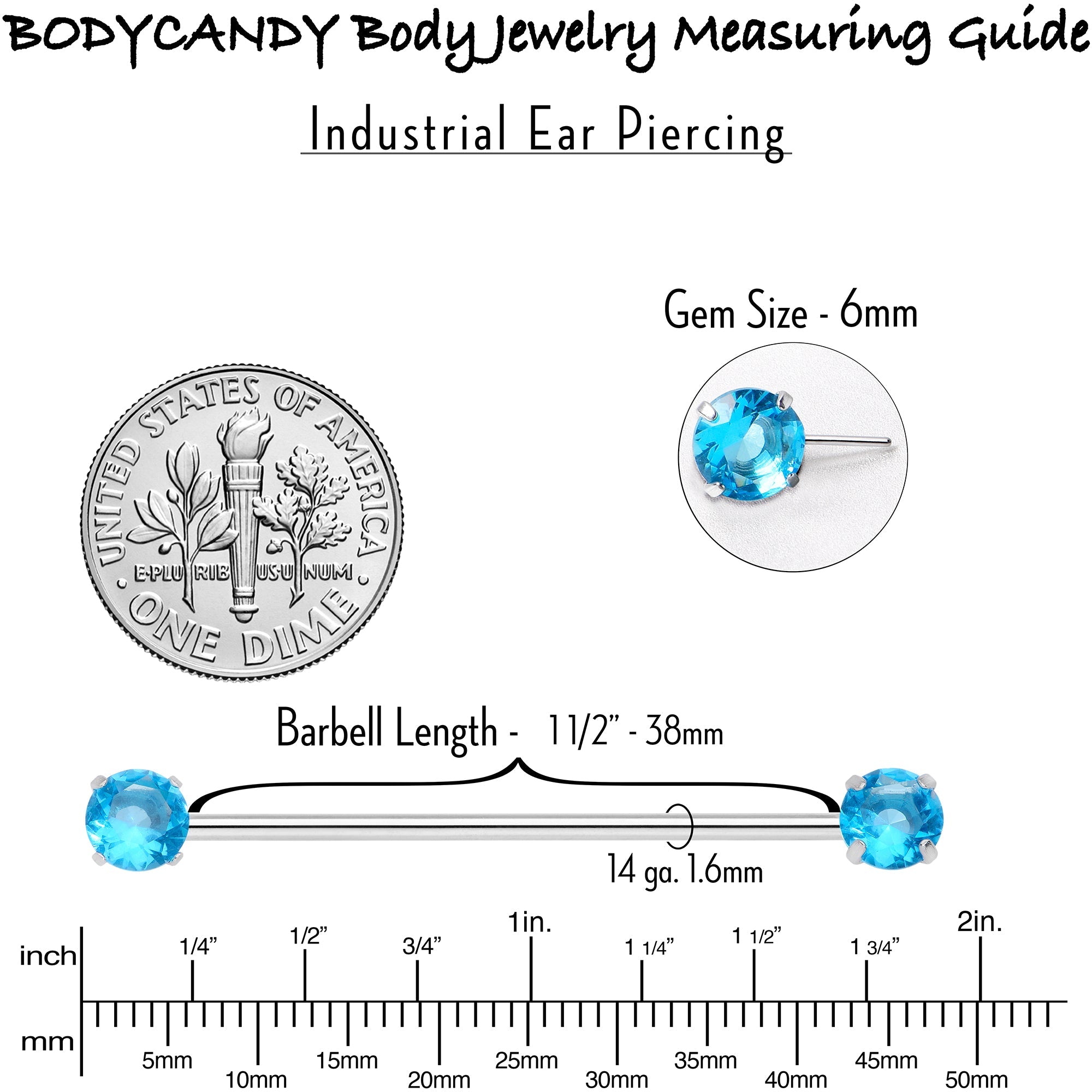 BodyCandy 14G Aqua CZ Gem Threadless Industrial Barbell 38mm — in-use photo