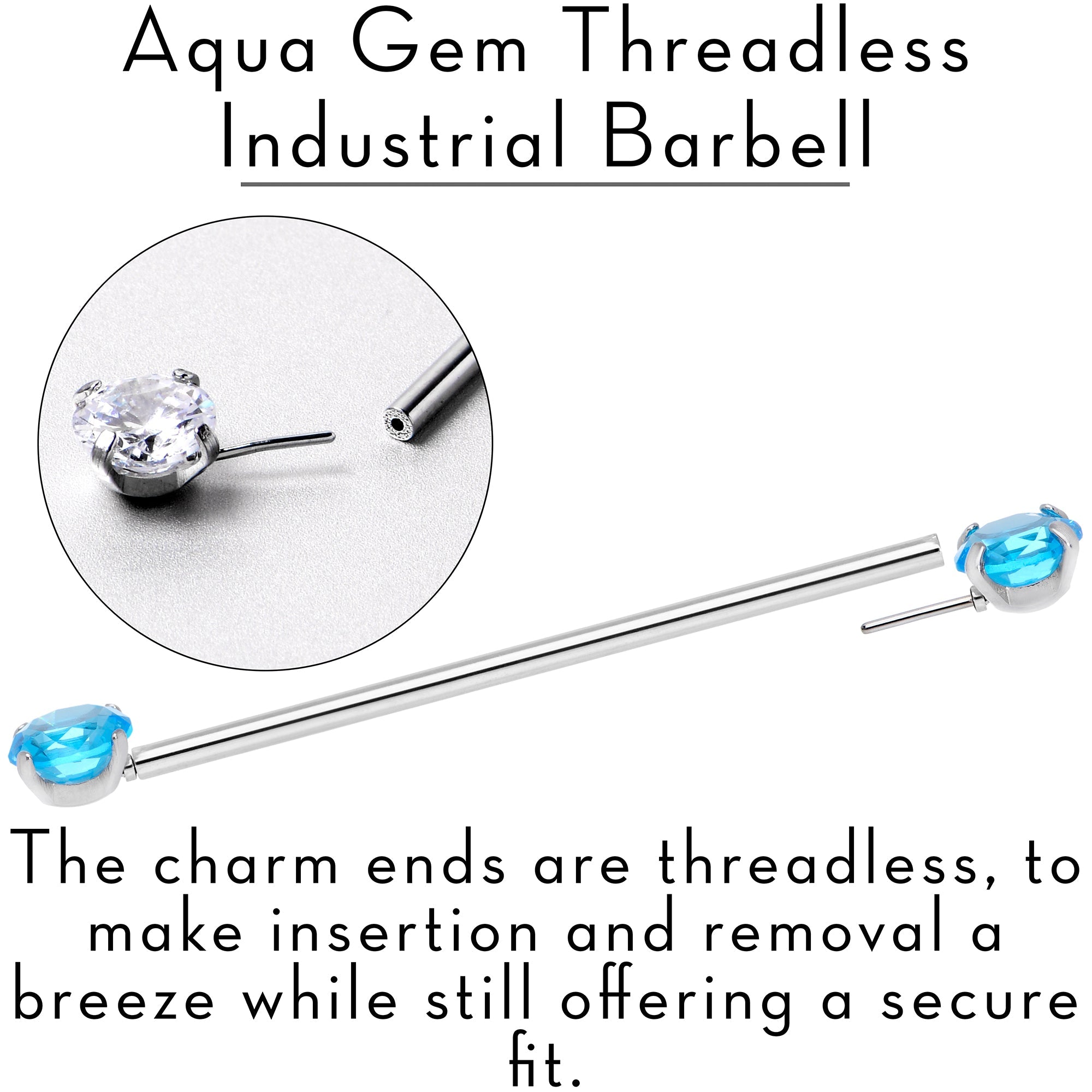 BodyCandy 14G Aqua CZ Gem Threadless Industrial Barbell 38mm — side view
