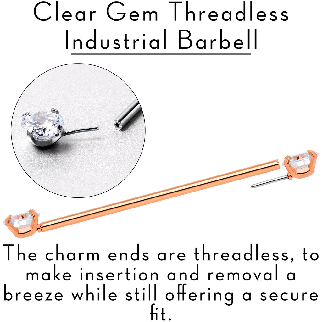 BodyCandy 14G Clear CZ Gem Rose Gold Tone Threadless Industrial Barbell 38mm — alternative angle