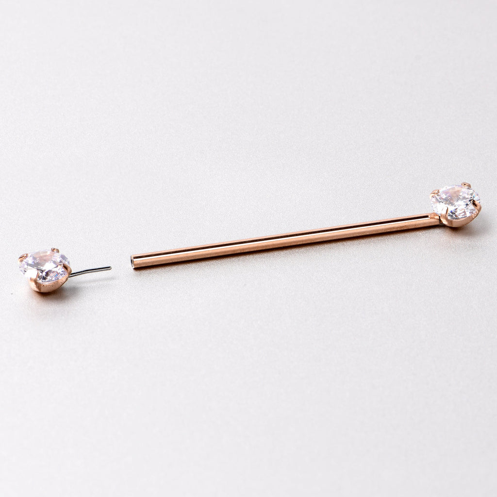 BodyCandy 14G Clear CZ Gem Rose Gold Tone Threadless Industrial Barbell 38mm — in-use photo