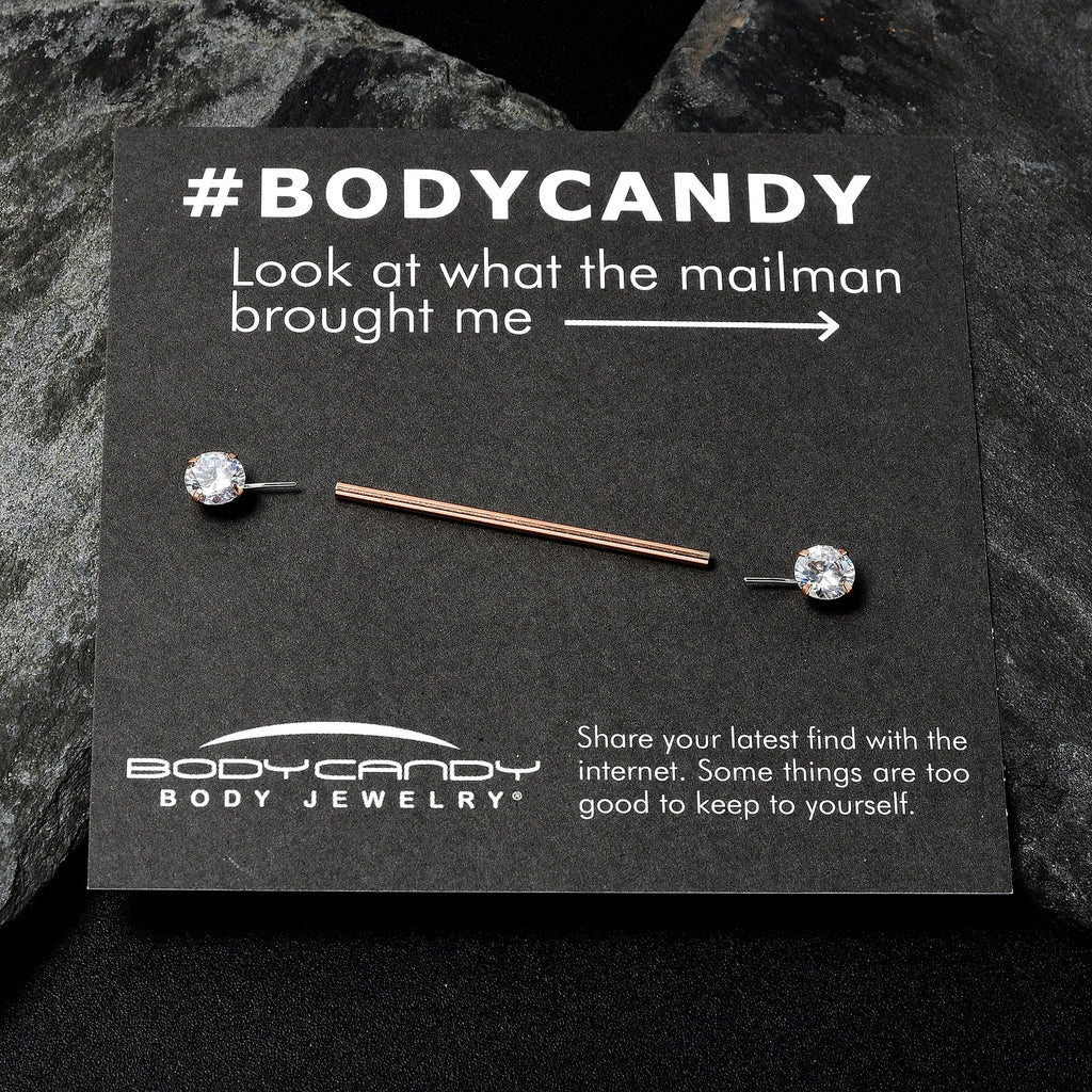 BodyCandy 14G Clear CZ Gem Rose Gold Tone Threadless Industrial Barbell 38mm — detail close-up