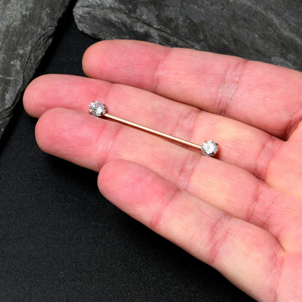 BodyCandy 14G Clear CZ Gem Rose Gold Tone Threadless Industrial Barbell 38mm — back view