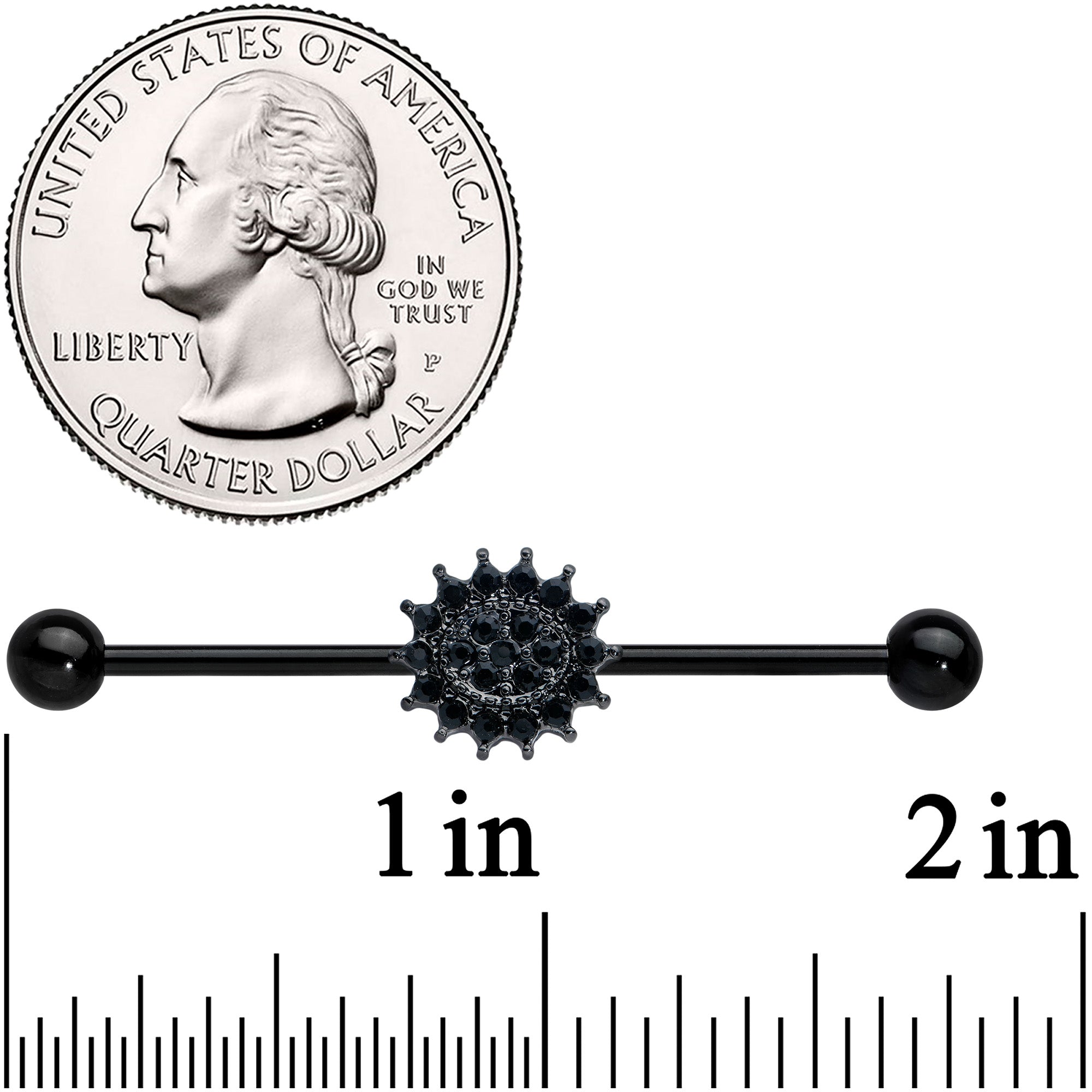 BodyCandy 14G Black Gem Black Oval Gothic Sunburst Industrial Barbell 38mm — detail close-up