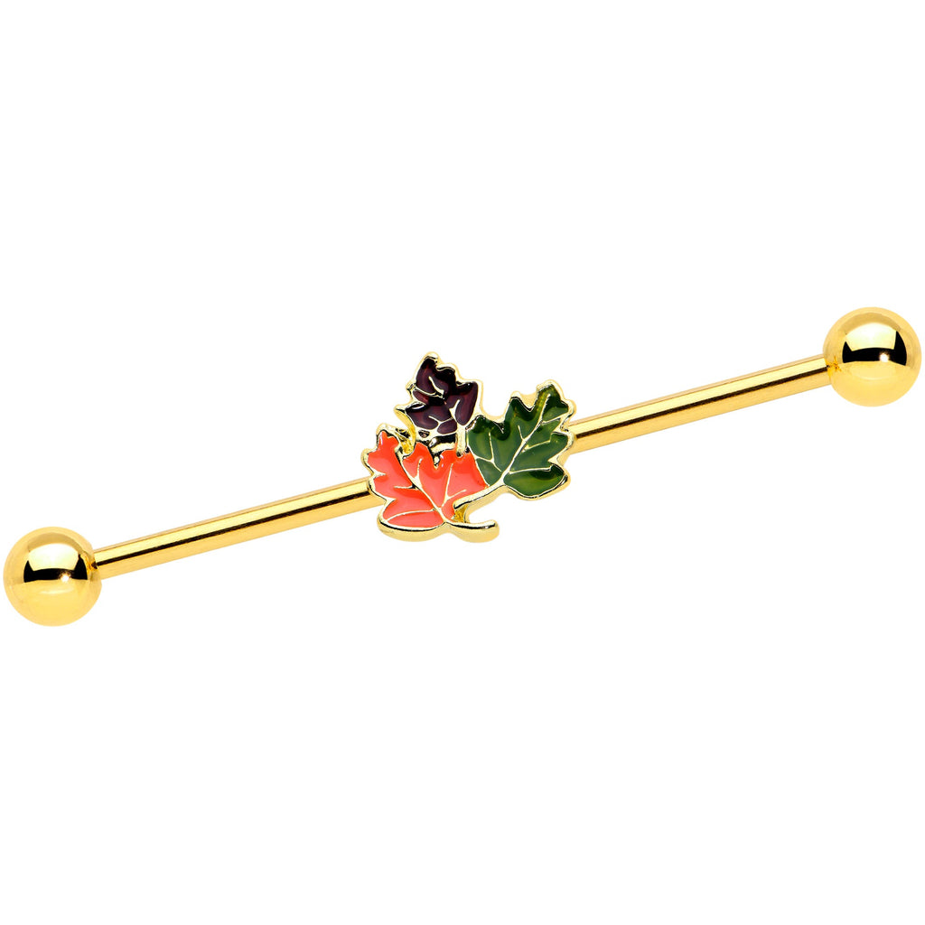 BodyCandy 14G Gold Tone Lovely Autumn Leaf Trio Industrial Barbell 38mm — main product shot