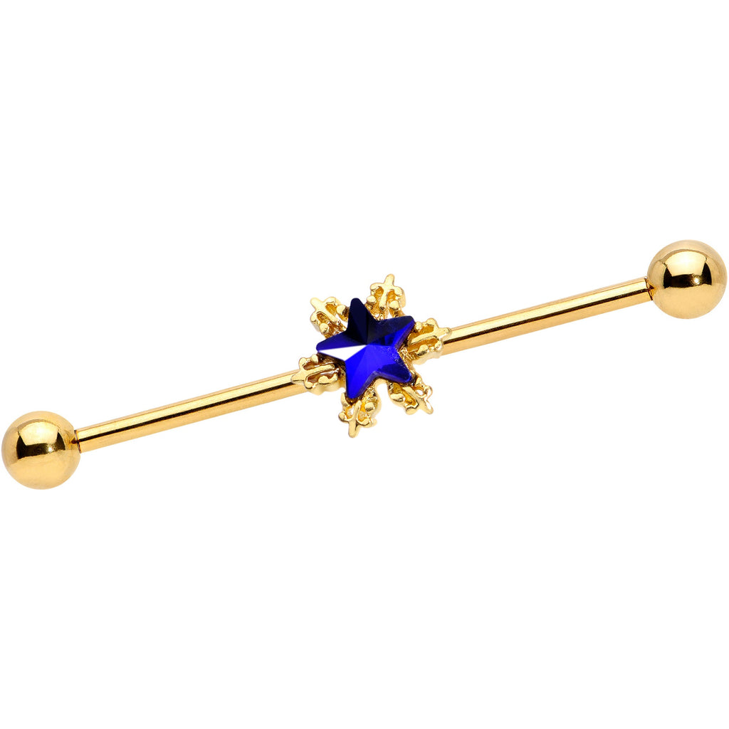 BodyCandy 14G Blue Gem Gold Tone Star Industrial Barbell 38mm — main product shot