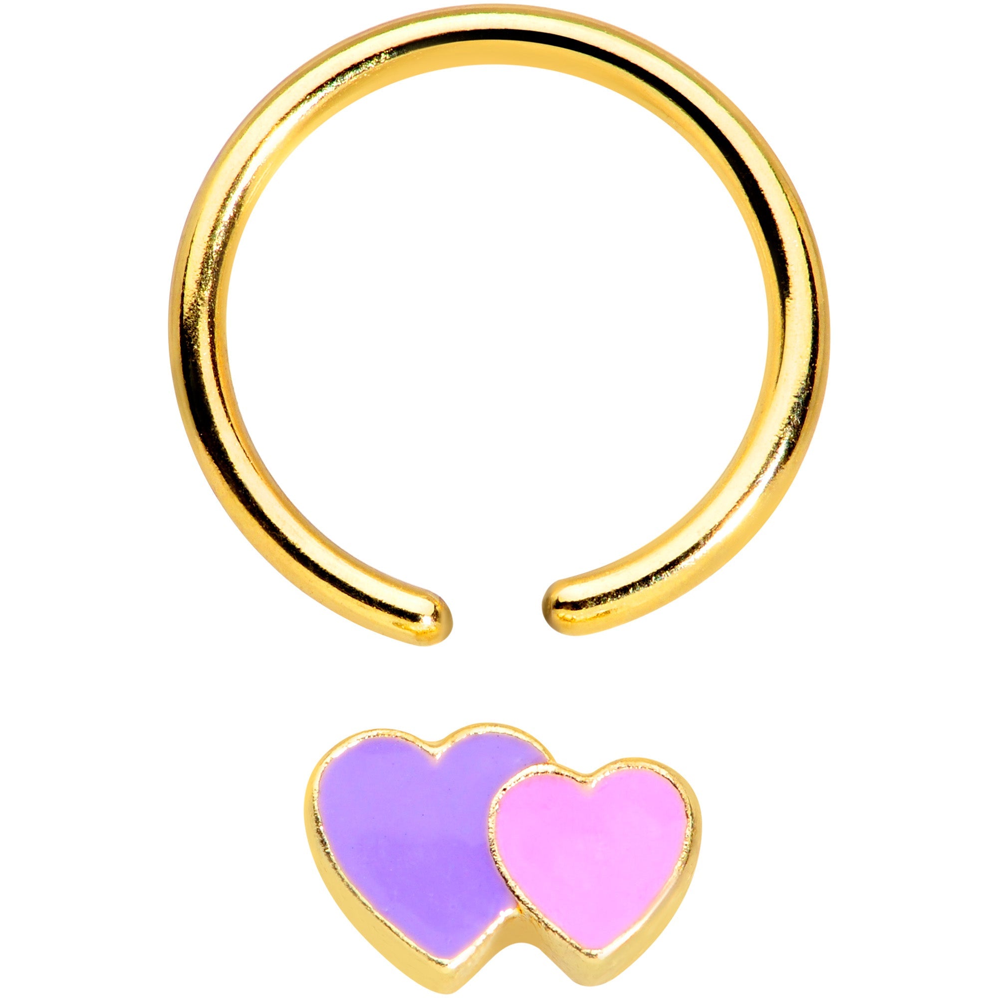BodyCandy 16G 3/8 Gold Tone Purple Hearts BCR Captive Ring — detail close-up