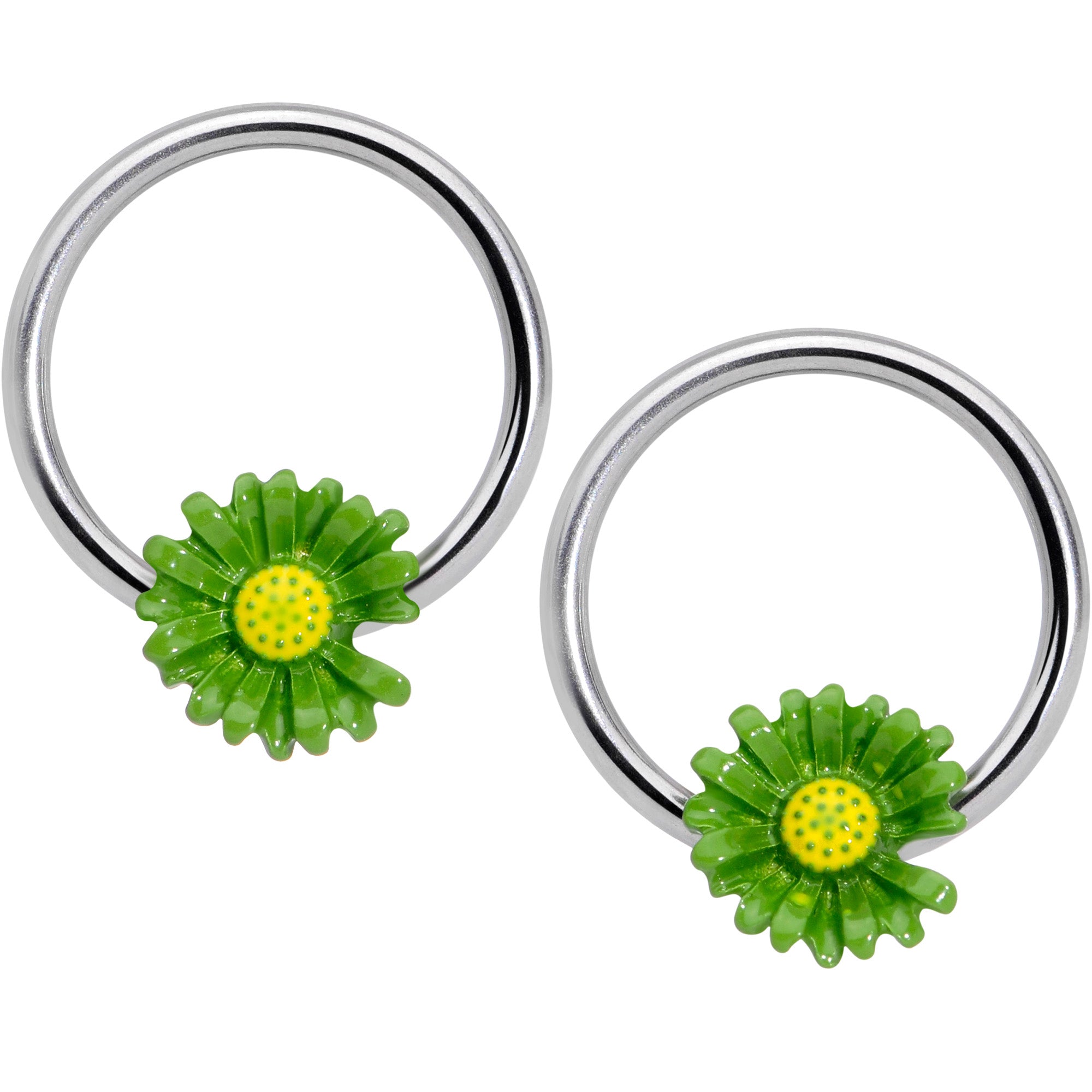BodyCandy 14G 1/2 Green Daisy BCR Captive Nipple Ring Set — main product shot